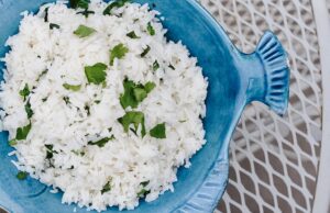 Cilantro Lime Coconut Rice in a Blue Fish Bowl