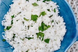 Cilantro Lime Coconut Rice in a Blue Fish Bowl