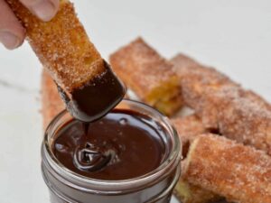 Pound cake churros with chocolate dipping sauce - perfect for Cinco de Mayo dessert!